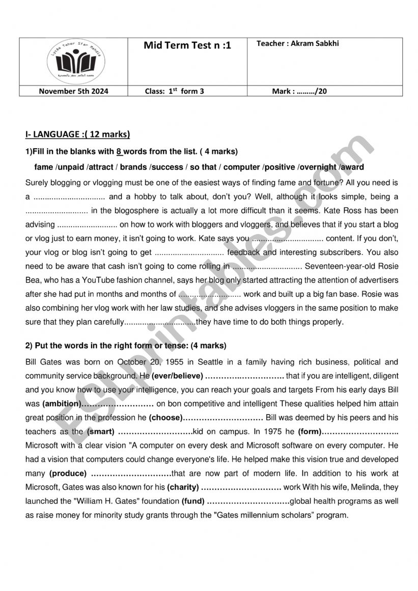 Mid term test n:1 LEVEL ONE worksheet