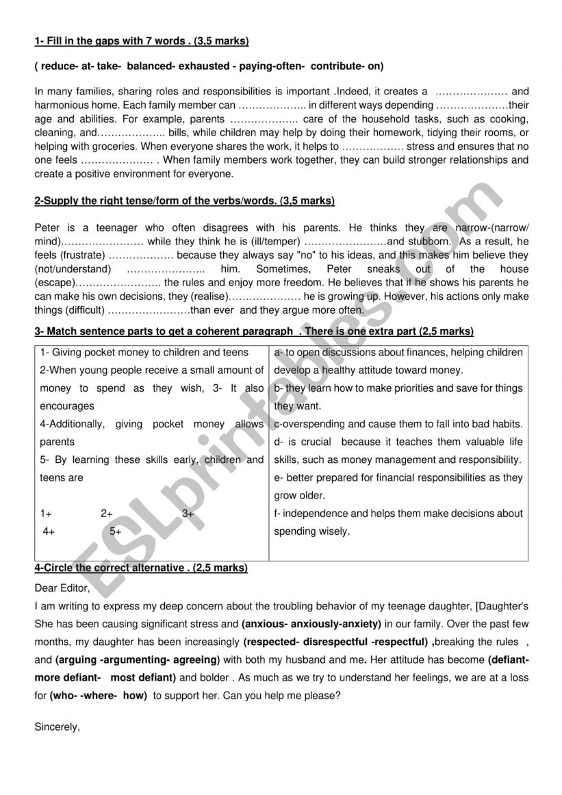 Mid term 1 Test   9th form  worksheet