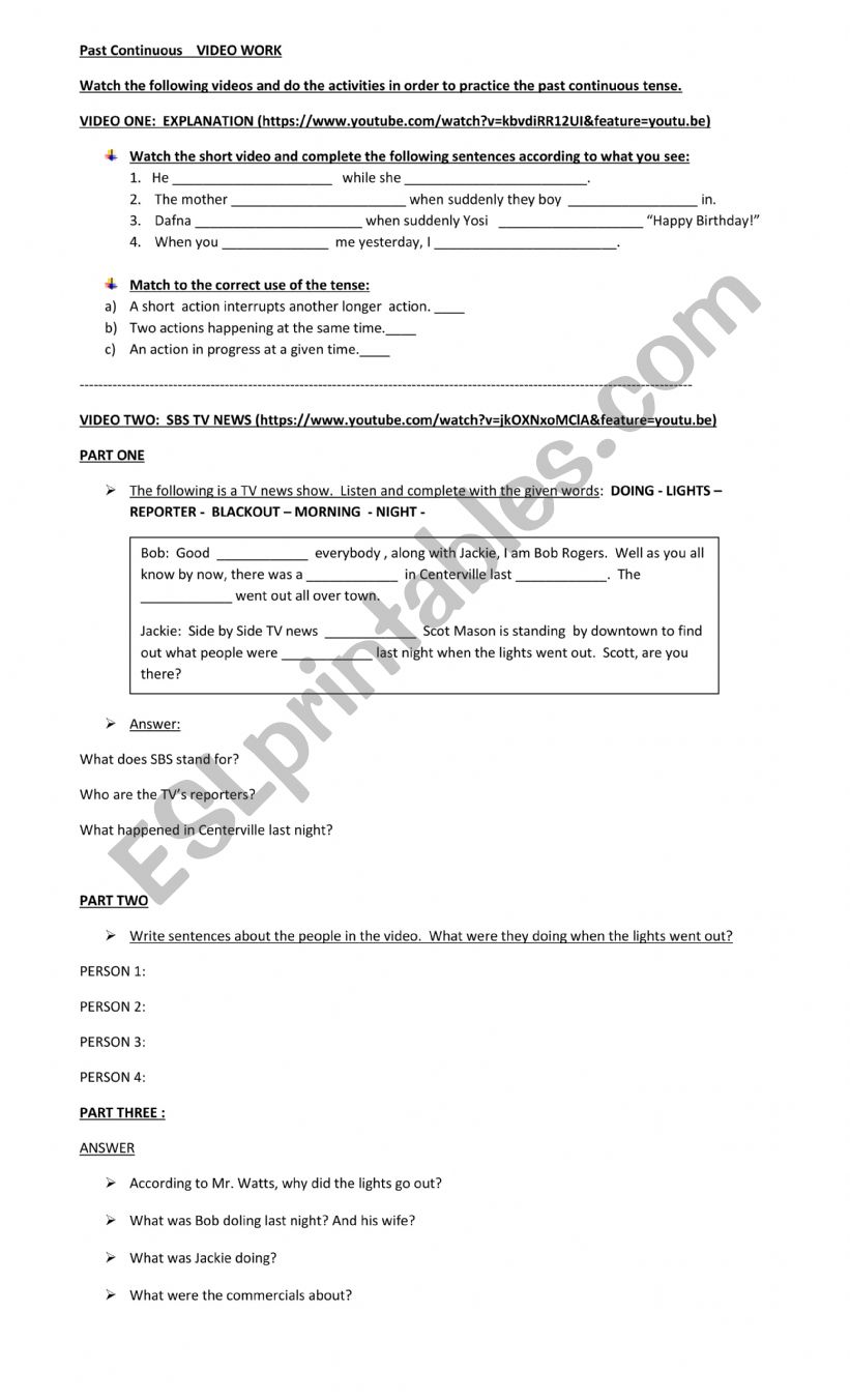 PAST CONTINUOUS VIDEO WORK worksheet