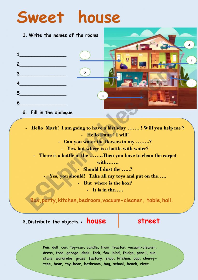 Sweet house- 3 pages worksheet