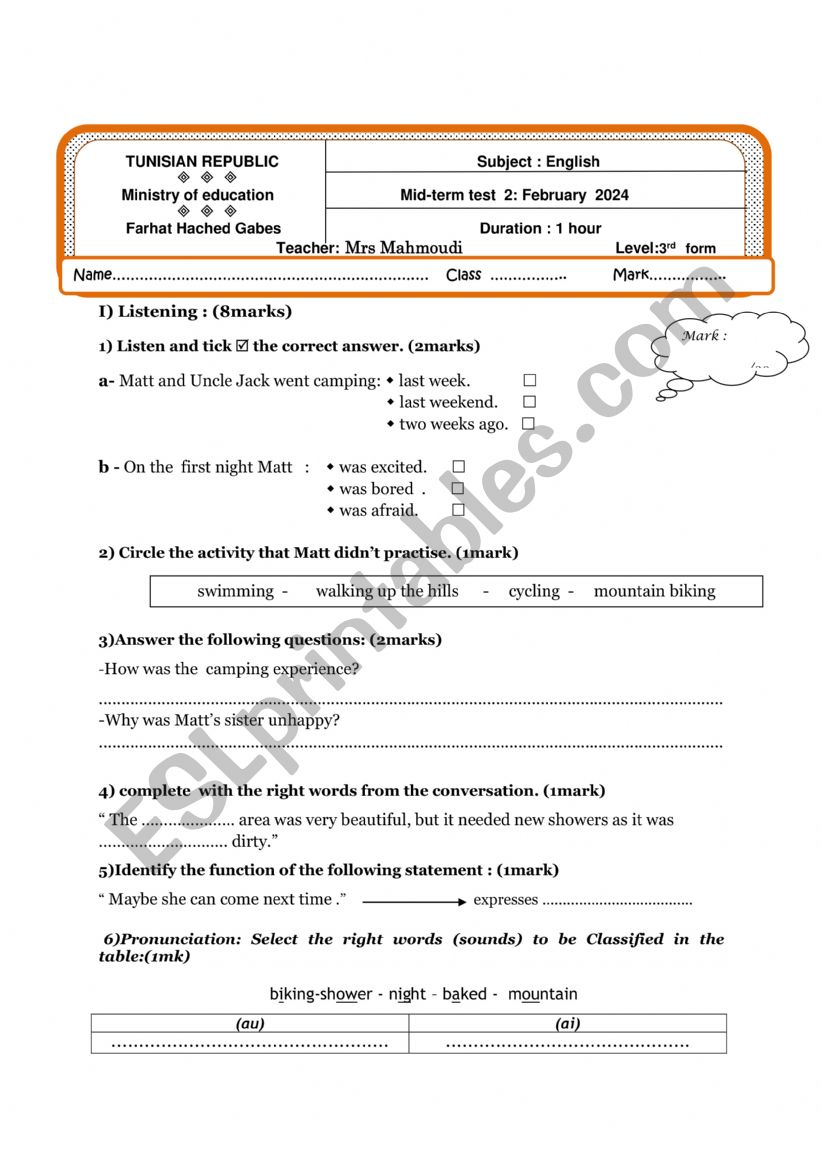 mid-term exam worksheet