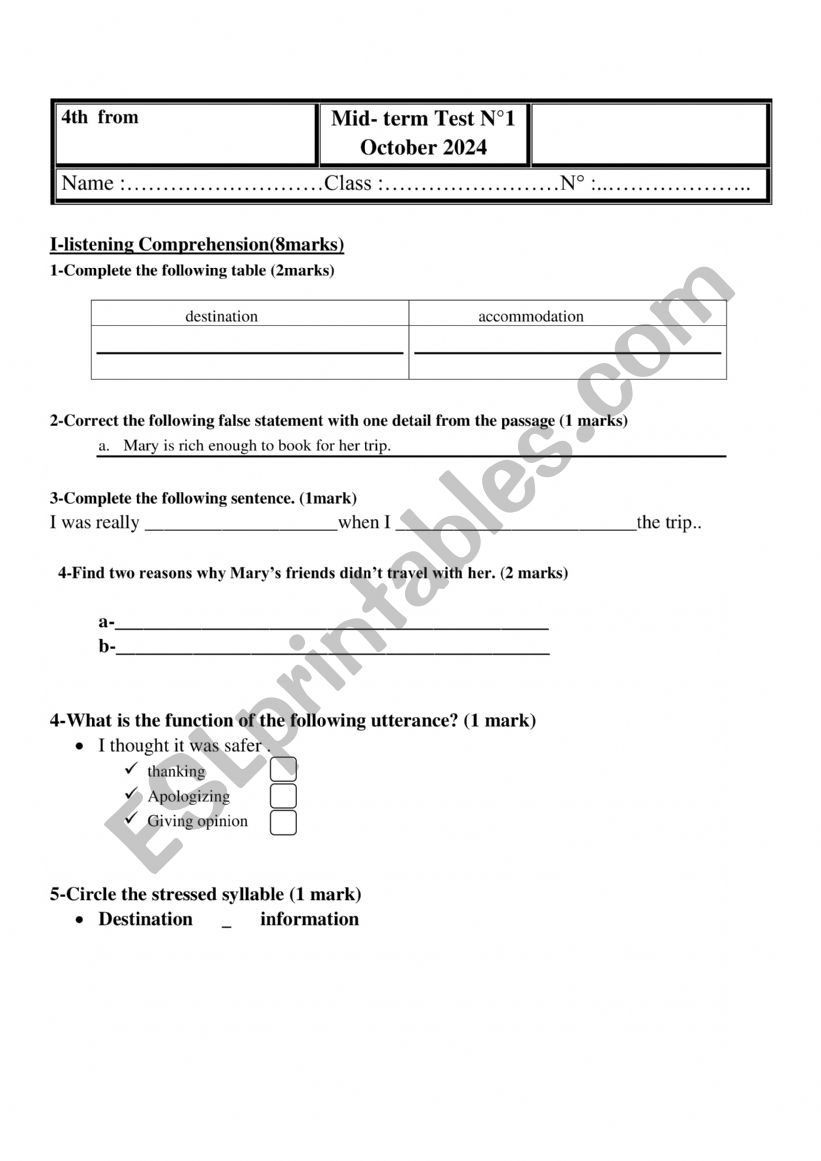 mid term test n1 4th form worksheet