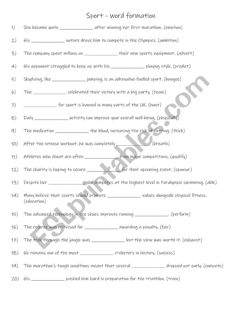 B1+ Sport - word formation worksheet