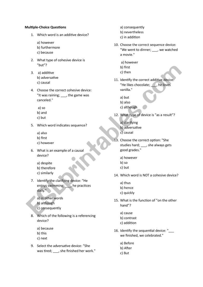 Cohesive devices worksheet