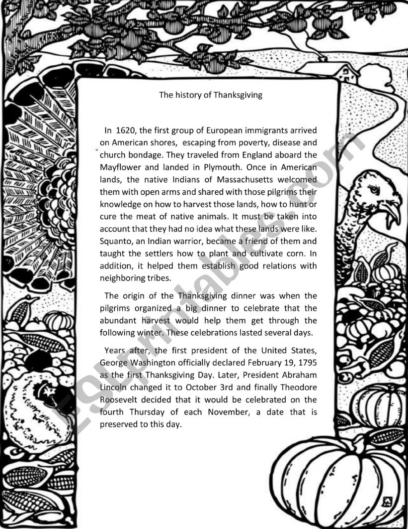 The history of Thanksgiving worksheet