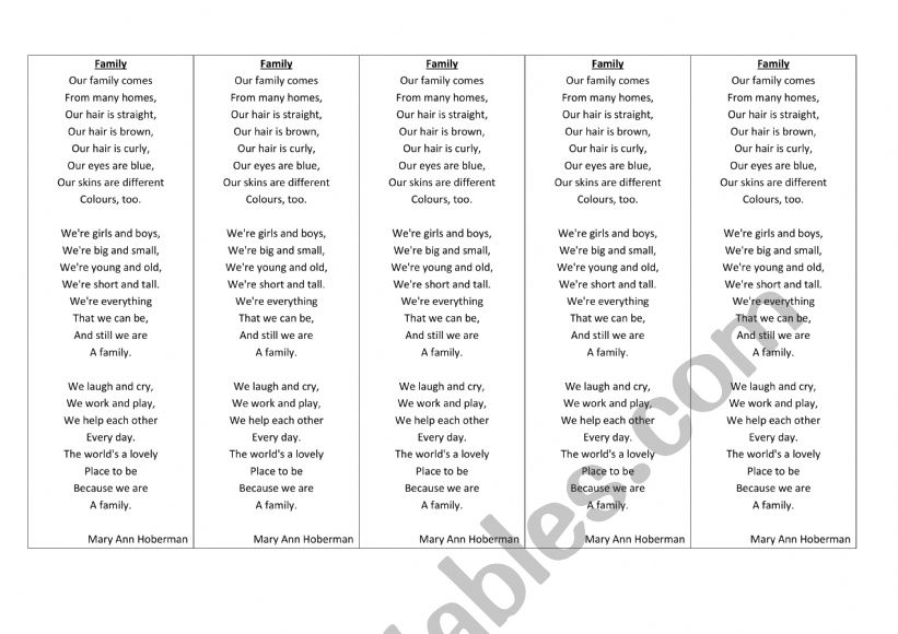 Family Poem worksheet