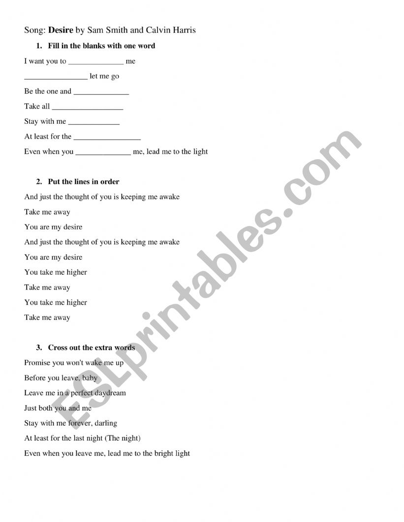 song: Desire by Sam Smith worksheet