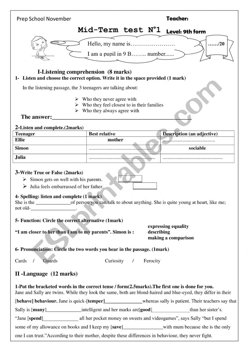 Mid term test n 1 9th graders worksheet