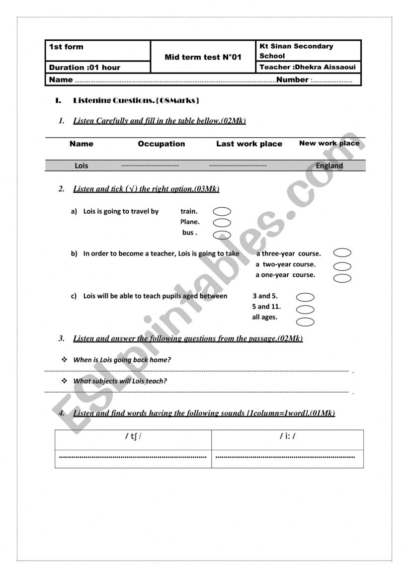 mid term test n1 1st form worksheet