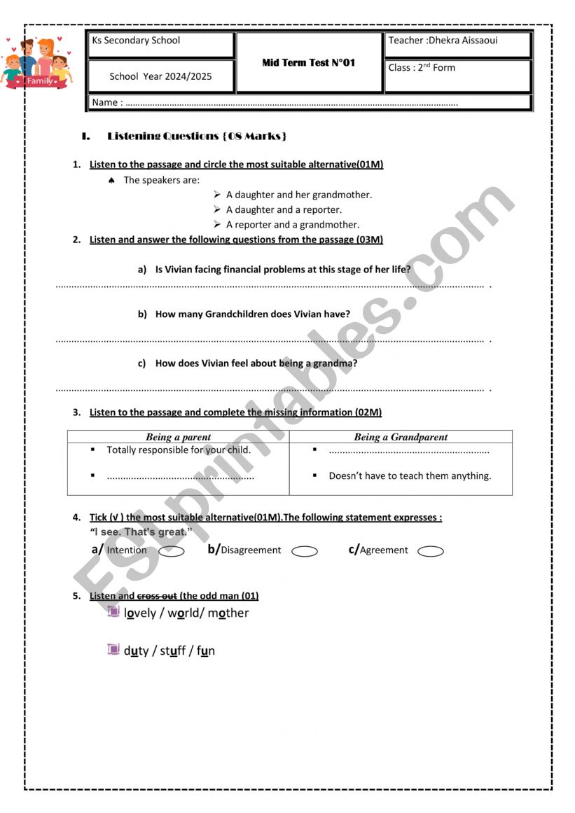 mid term test n1  2nd form arts