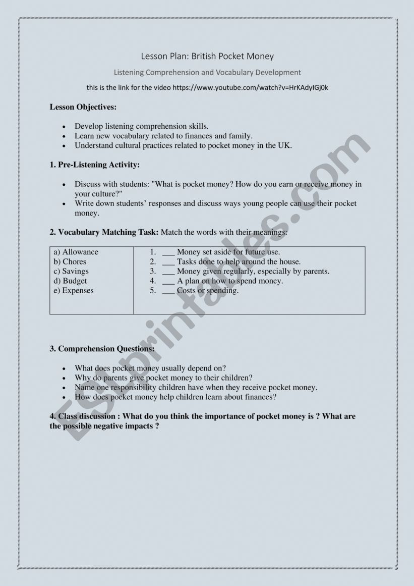 Pocket Money Video Session worksheet