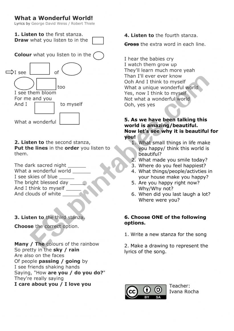 What a wonderful world worksheet