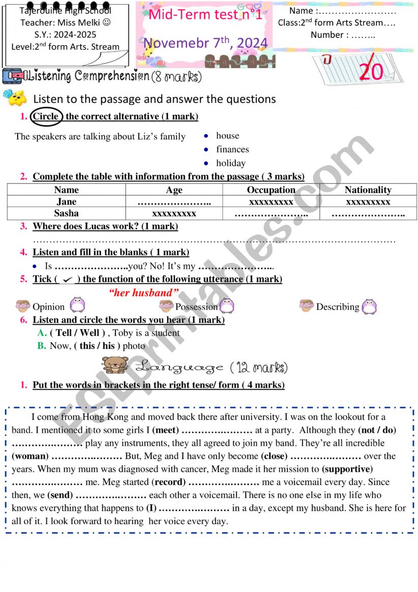 2nd form mid term test 1 worksheet