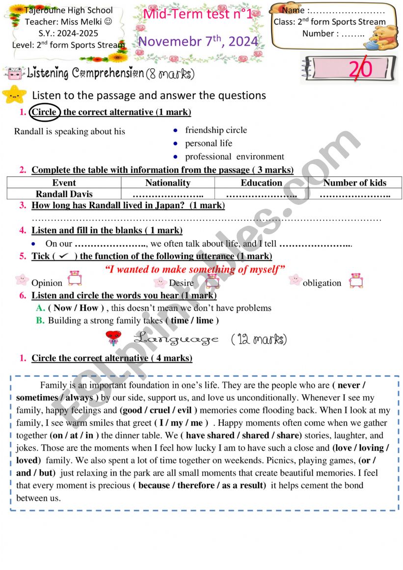 2nd form mid term test 1 worksheet