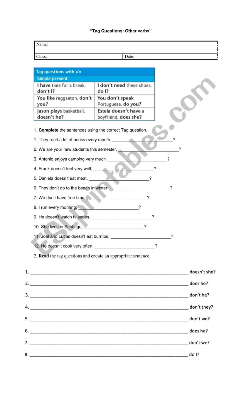 Tag questions other verbs worksheet