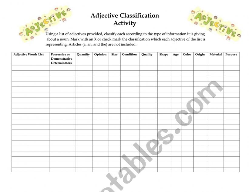 Classifying Adjectives worksheet