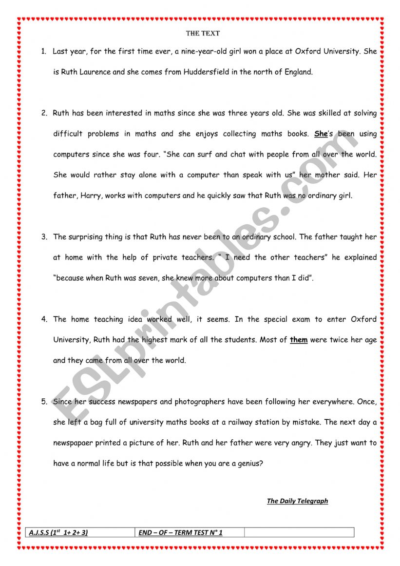 End of term 1  for 1st year worksheet