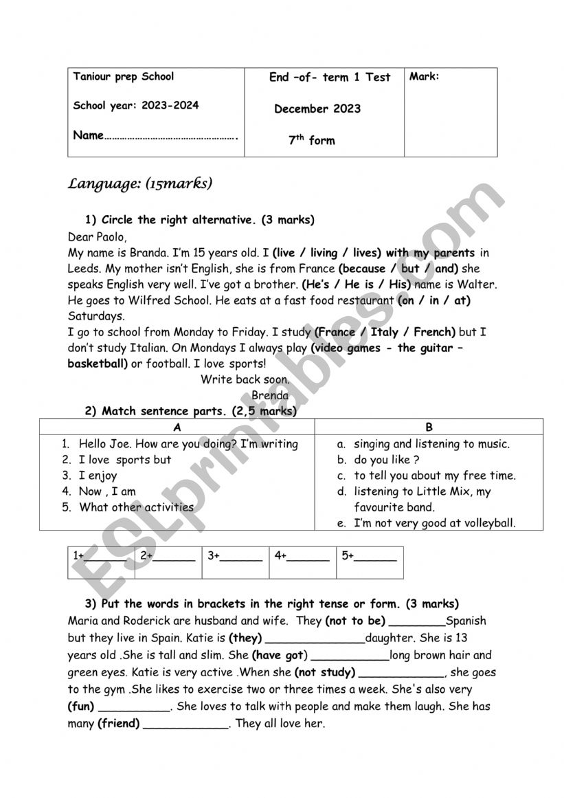 7th form end-of-term 1 test worksheet