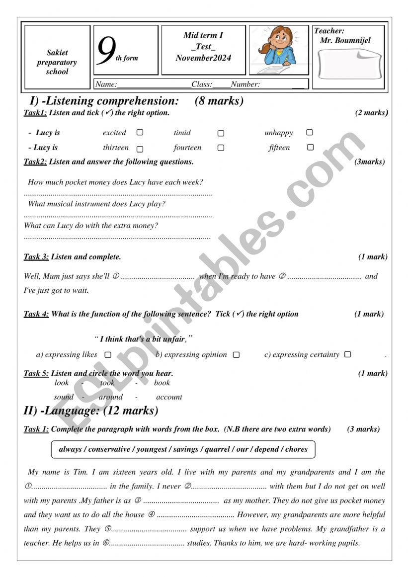 mid term 1 test 9th form worksheet