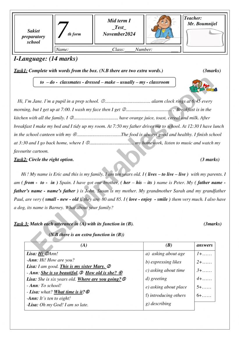 mid term 1 test 7 th form worksheet