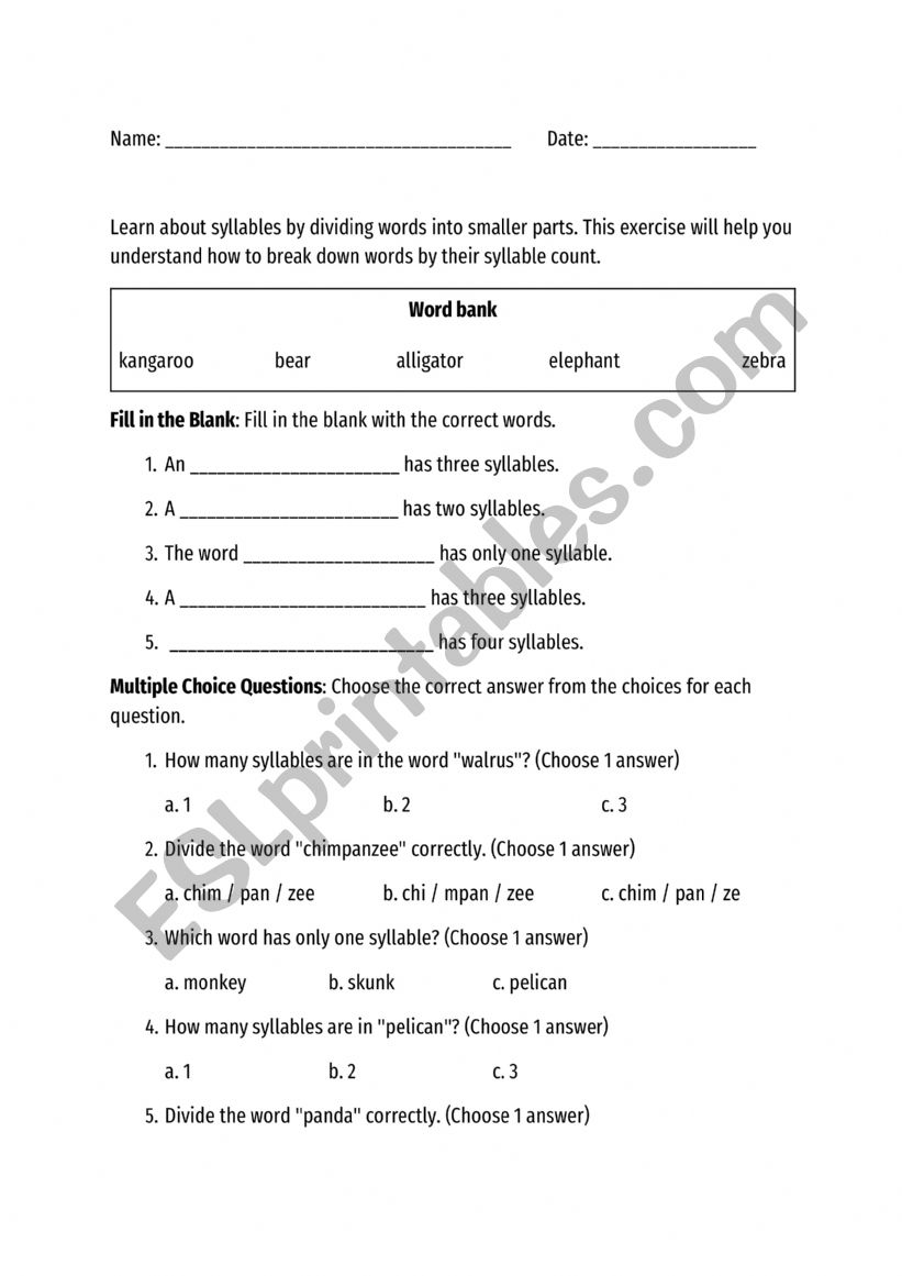 Syllable Warm Up worksheet