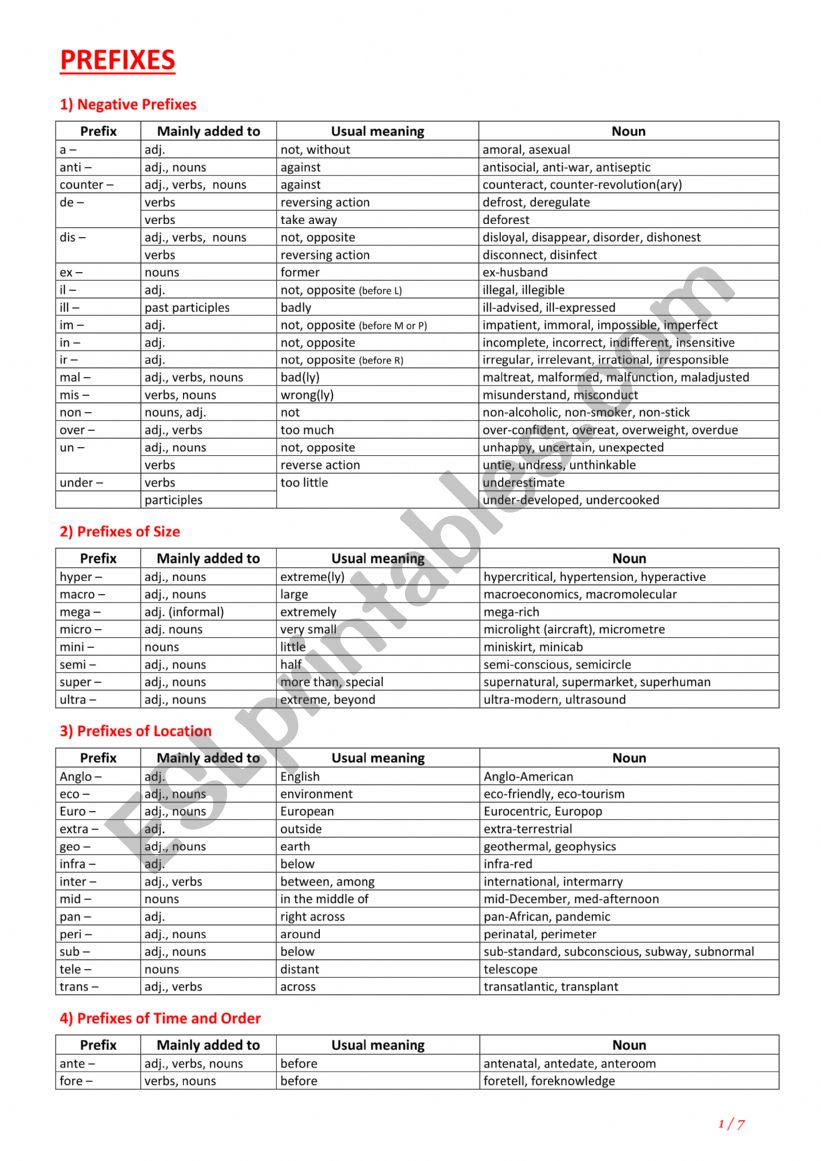 Prefixes and Suffixes worksheet