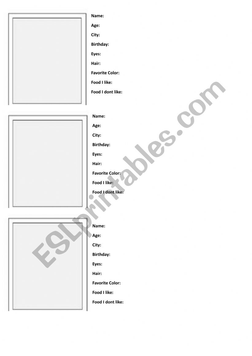 All About Me worksheet