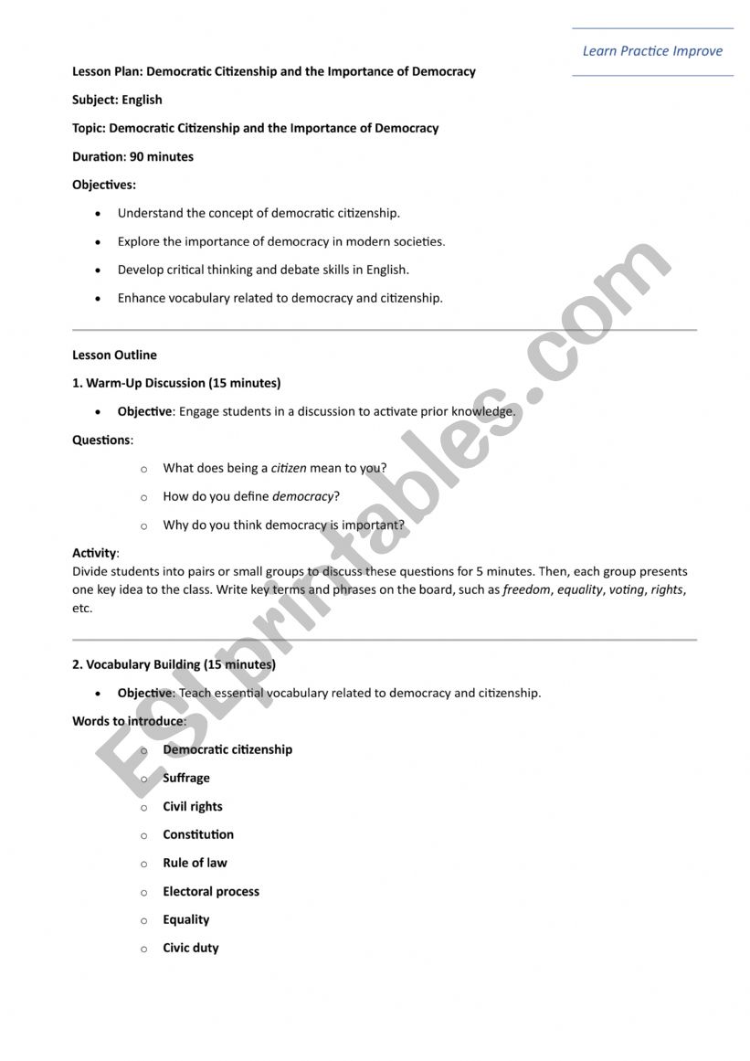 Lesson plan on Democracy and Citizenship