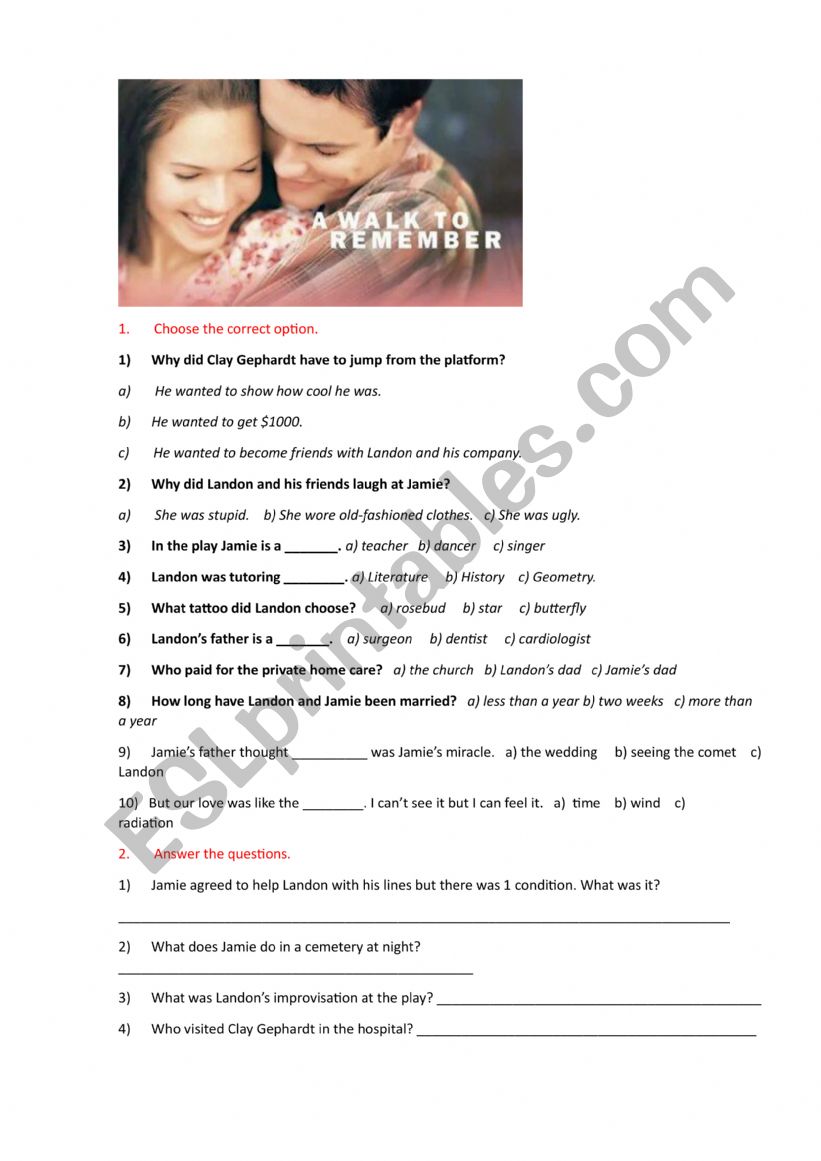 a walk to remember worksheet