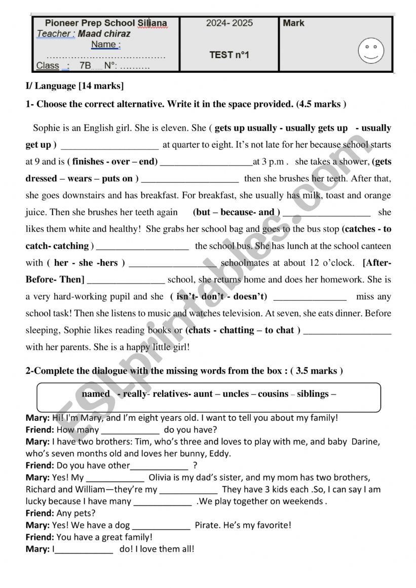 test 1 for 7th grders pioneer schools 