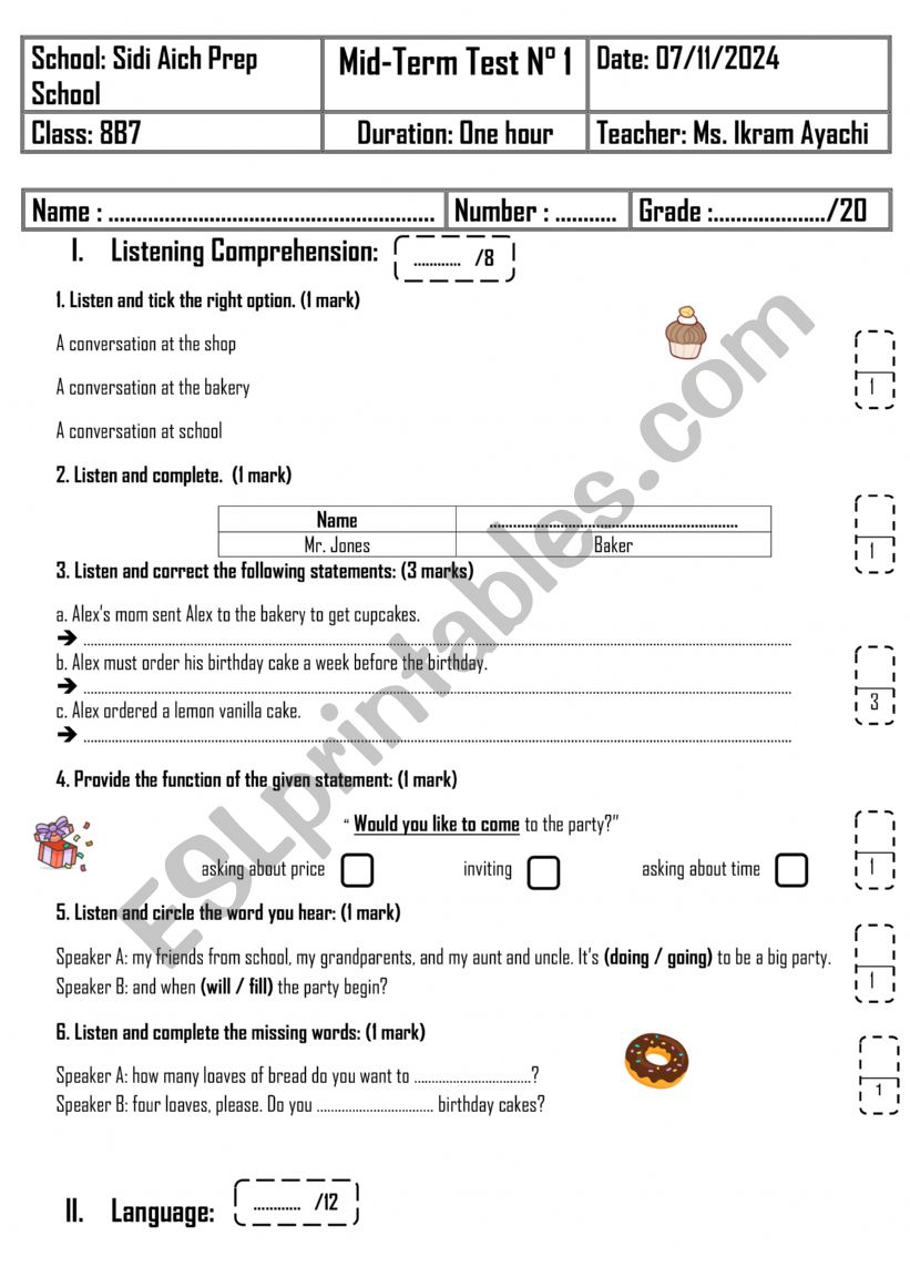 8th Grade - Mid-Term Test n� 1