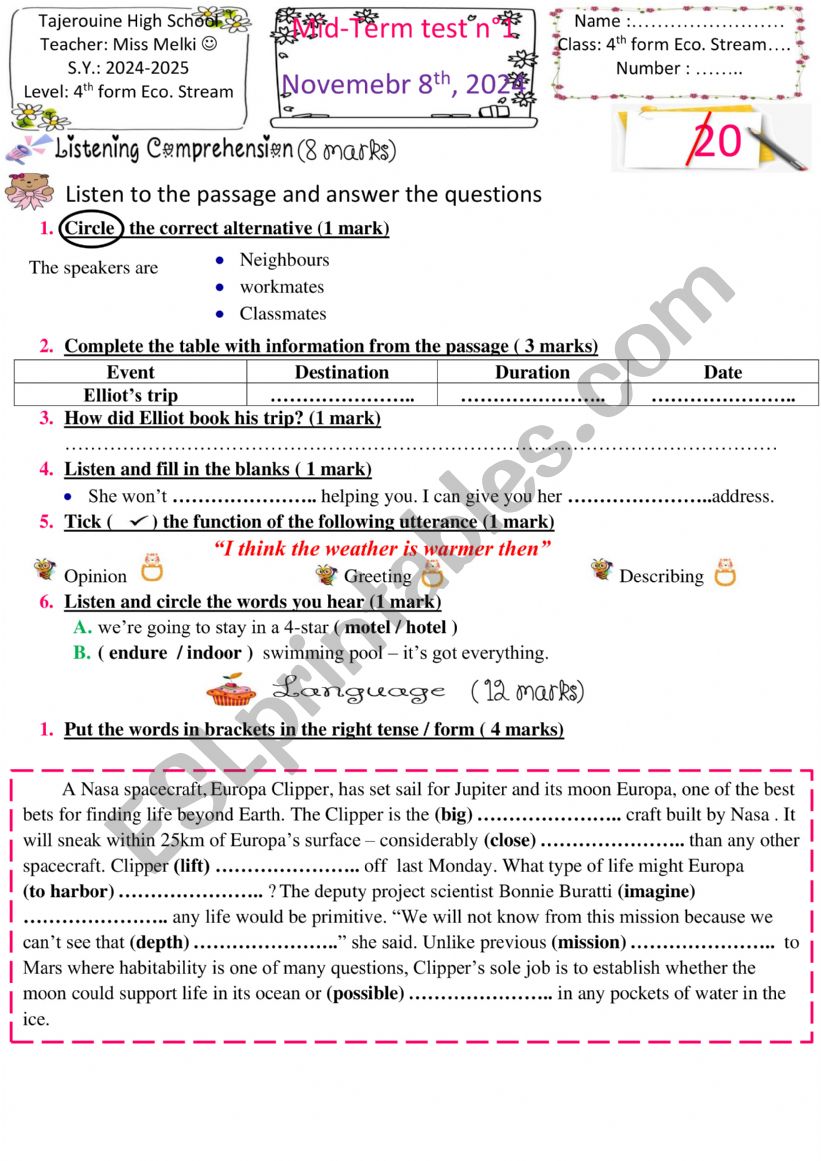 4th form mid term test n1 worksheet