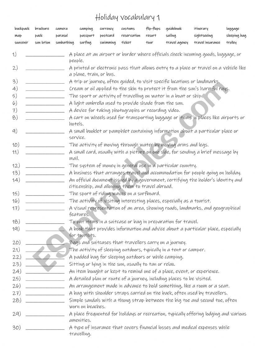 A2+-B1 Holiday vocab 1 worksheet