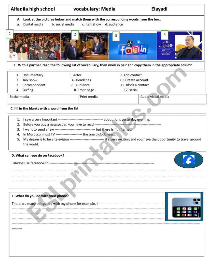 vocabulary:  Social media  worksheet