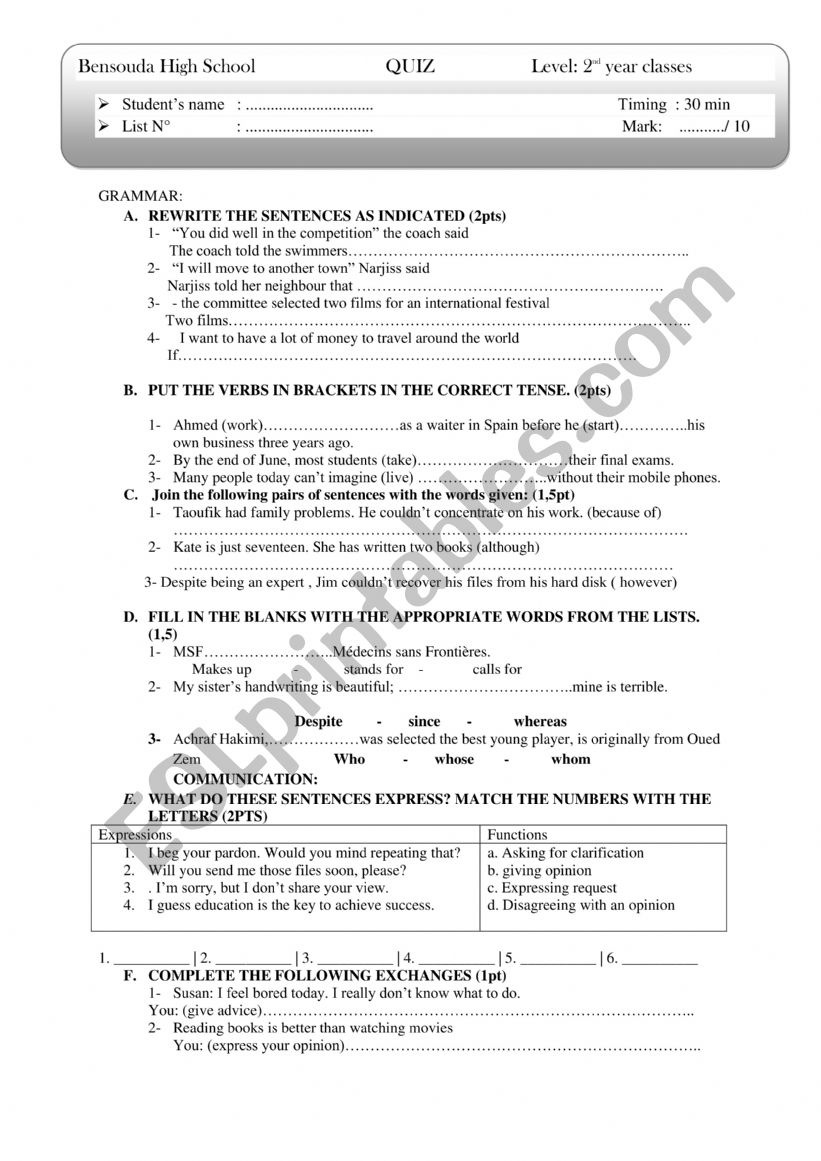 Quiz worksheet