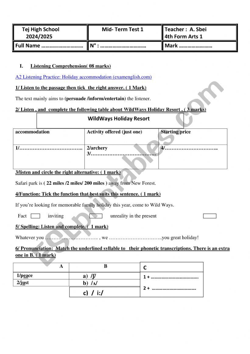 Mid term test 1 4 th Form worksheet