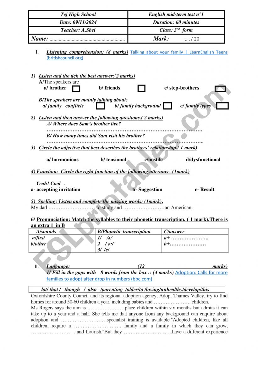 Mid Term Test 1 3rd Fom worksheet