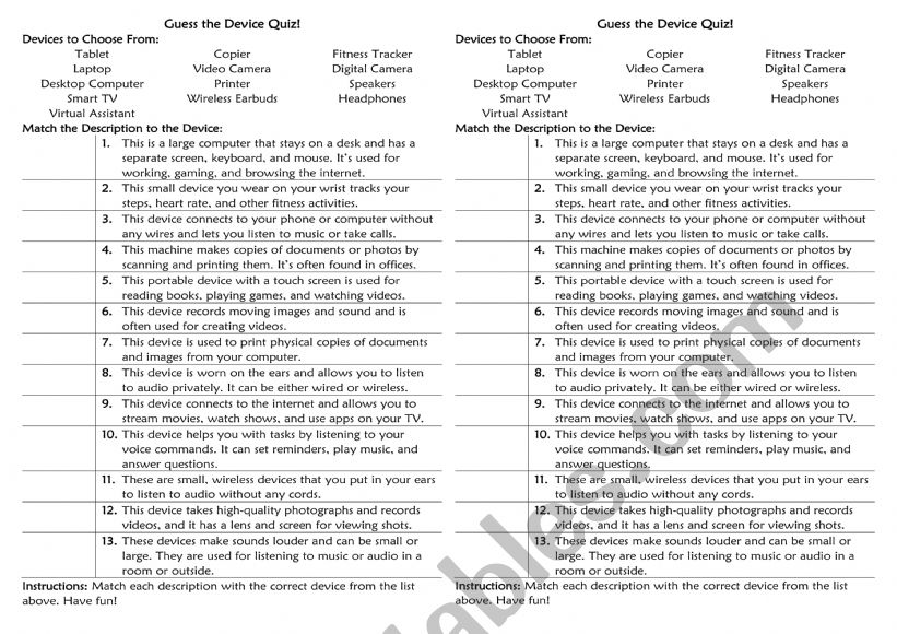 Guess the device Game worksheet