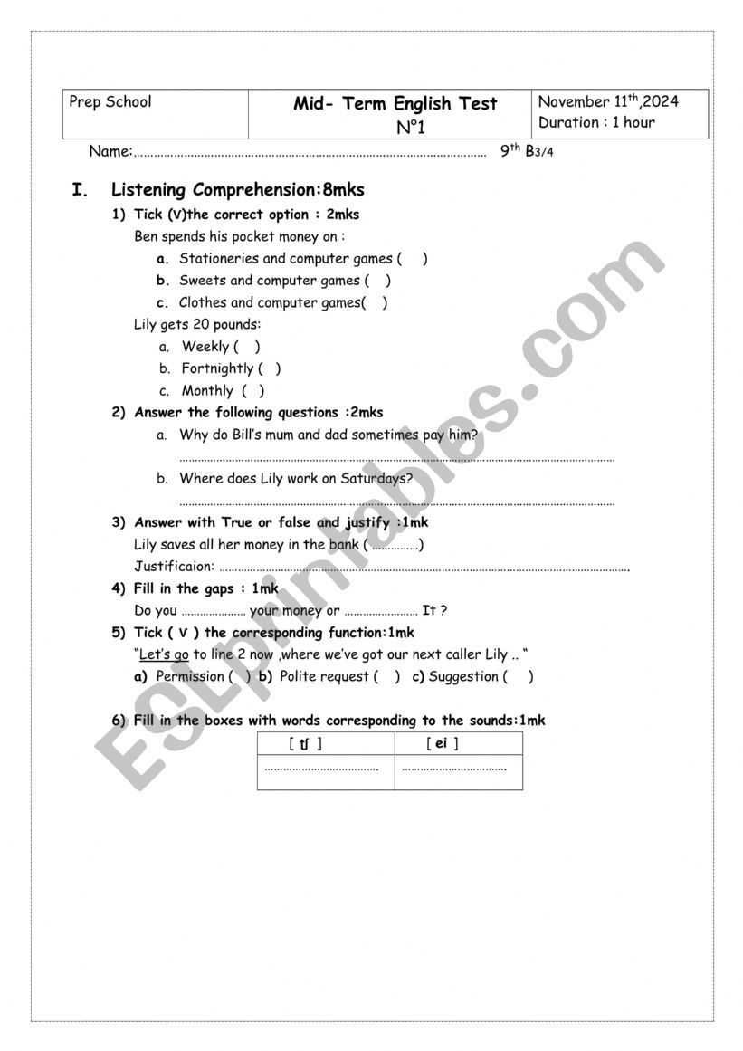 9th form : Mid -Term Test one worksheet