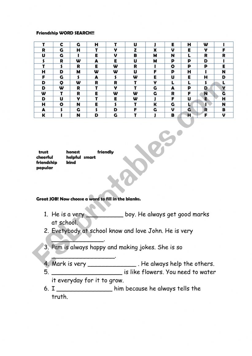 friendship wordsearch  worksheet