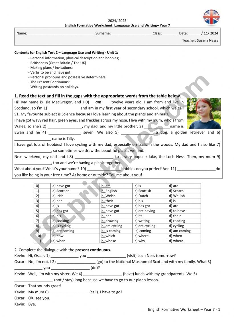 English Worksheet _ Year 7 worksheet