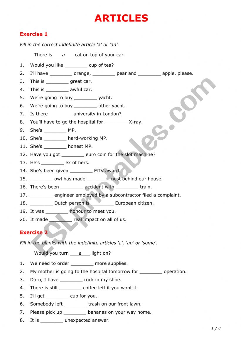 Articles worksheet