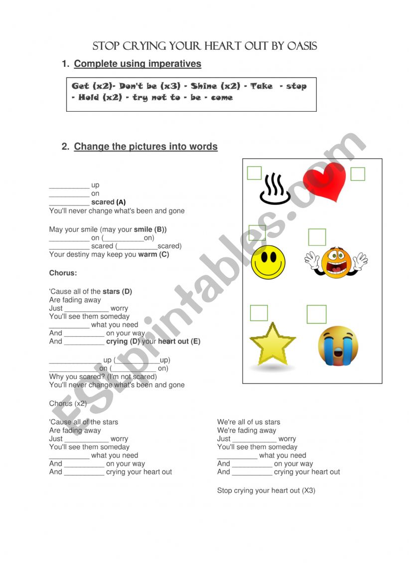 Stop crying your heart out worksheet