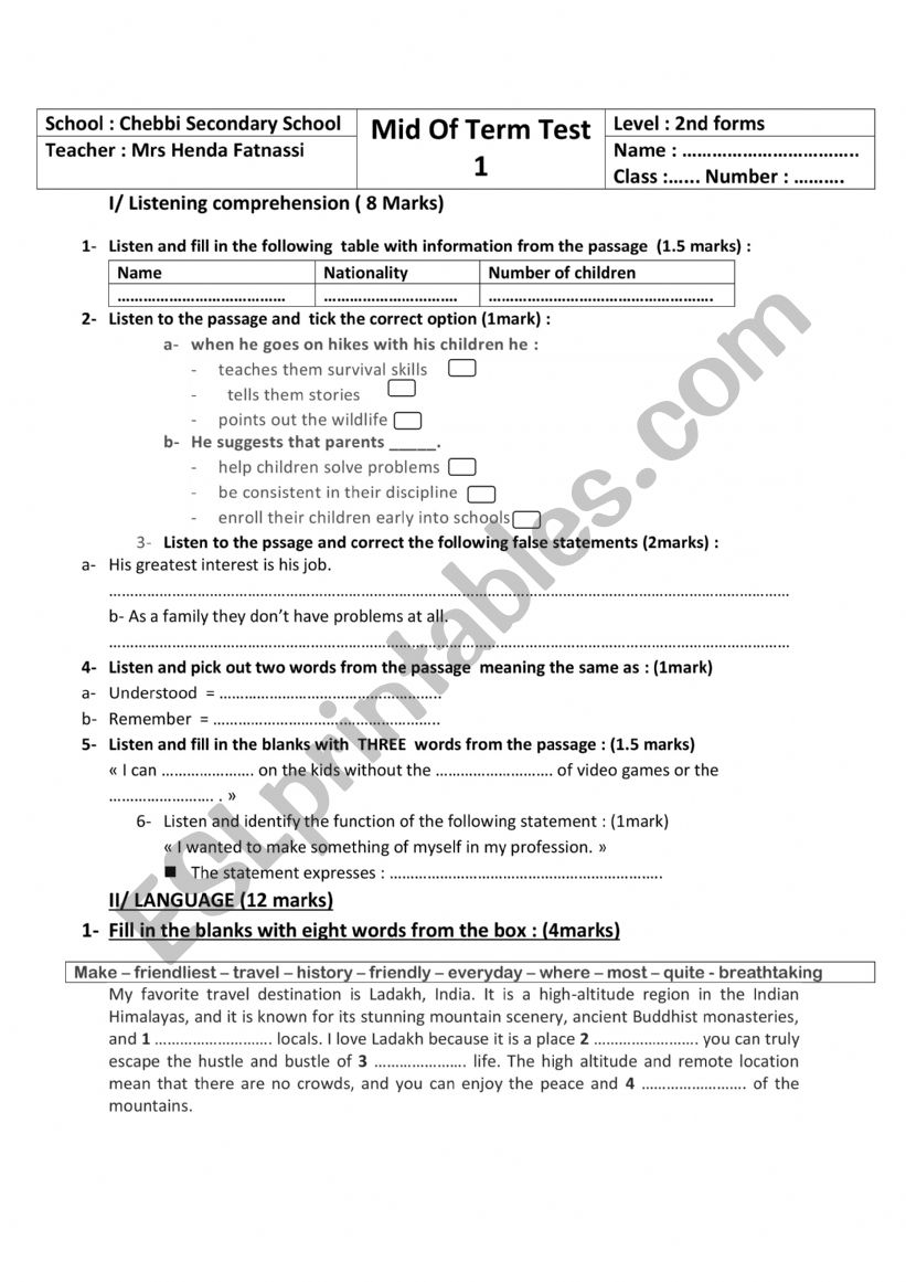 2nd form mid of term 1 test worksheet