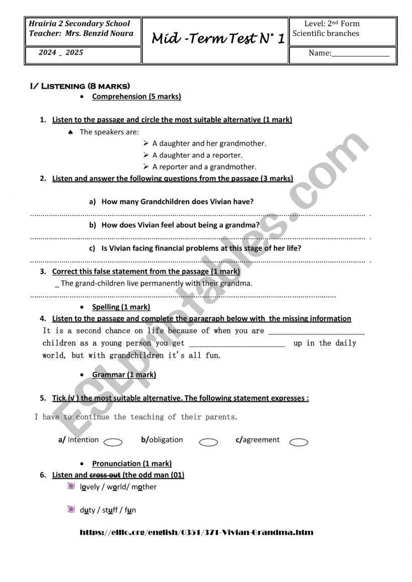 2nd form mid term test 1 worksheet