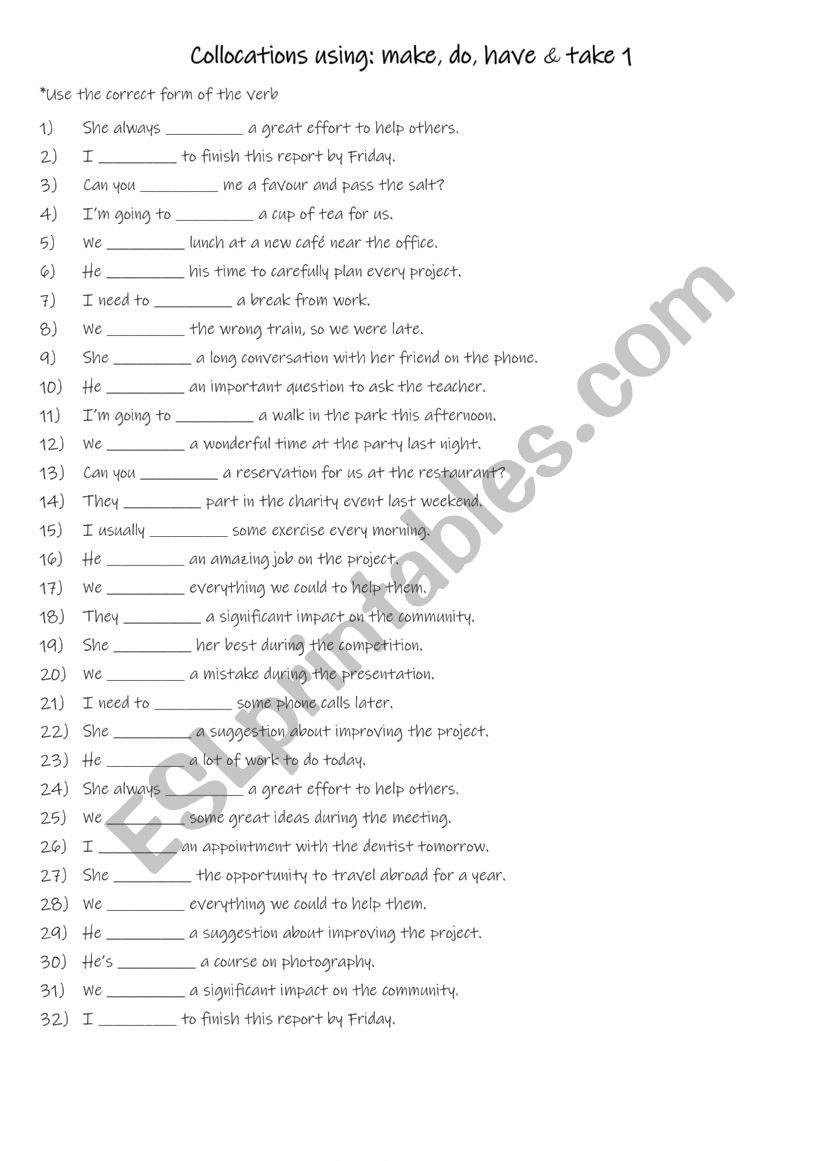 A2-B1 Collocations using make, do, have & take 1