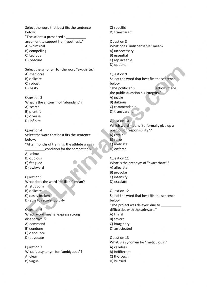 Vocab worksheet