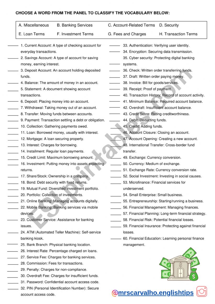 BANK VOCABULARY worksheet