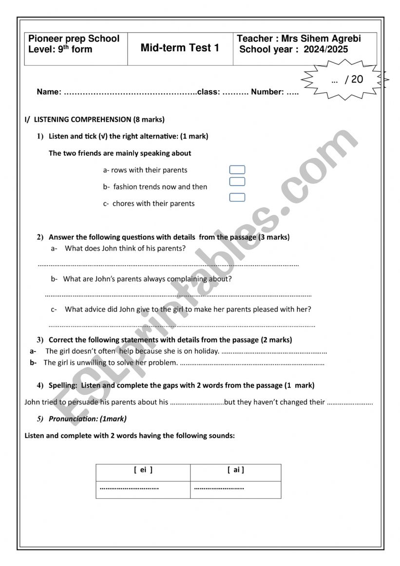 mid term 1 test 1 9th form (module 1) 