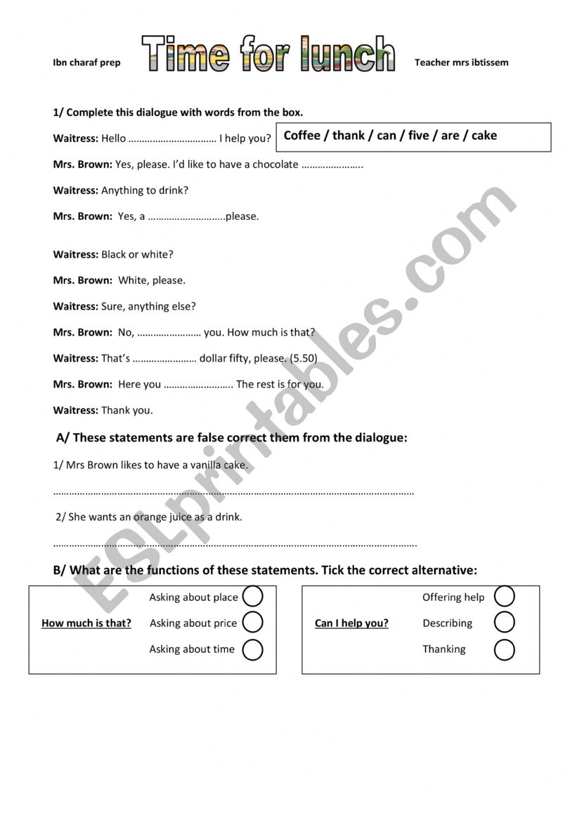 time for lunch group session worksheet